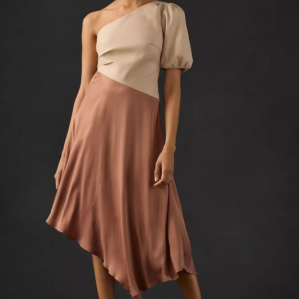 Anthropologie One-Shoulder Cream and Brown Dress